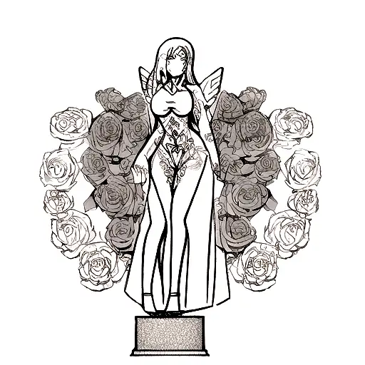 A Blackwork Tattoo Of A Sculptural Angel Surrounded By A Field Of Roses