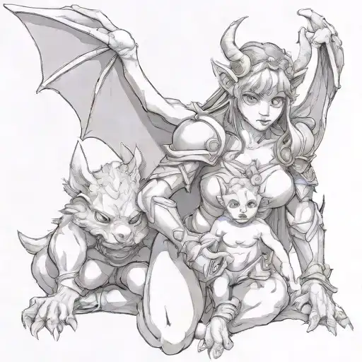 Female Gargoyle Warrior With Her Baby