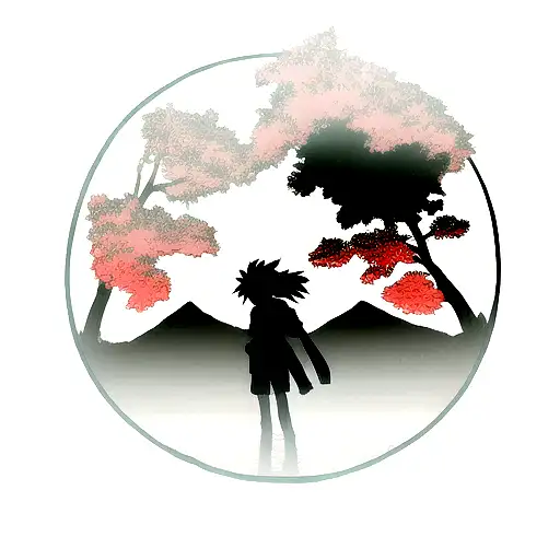 A Silhouette Of A Hiker Surrounded By Anime-inspired Nature Elements