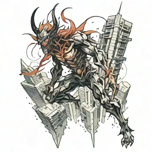 A Demon Emerging From Between Two Collapsing Skyscrapers