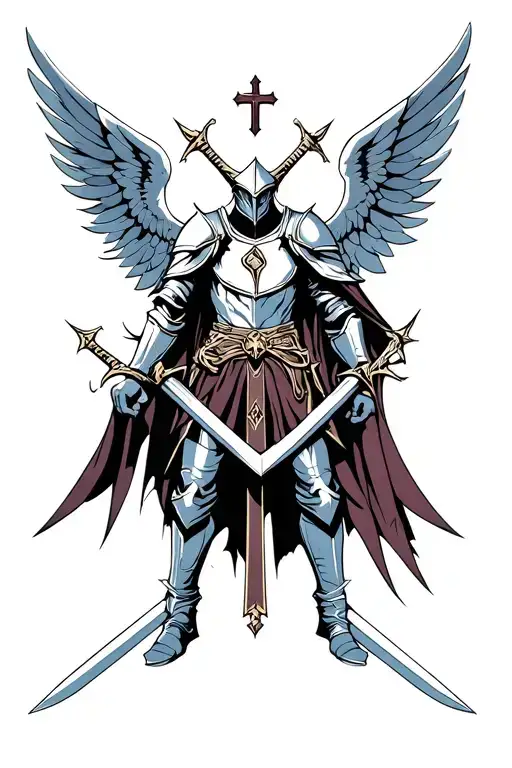 Knight With Swords And Wings Of Angel And Devil And Cross