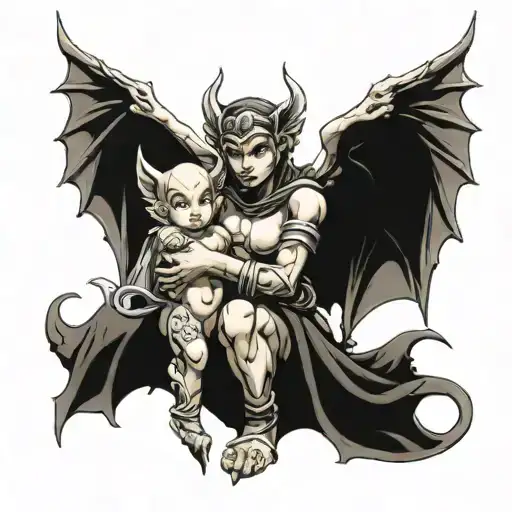Female Gargoyle Warrior With Her Baby