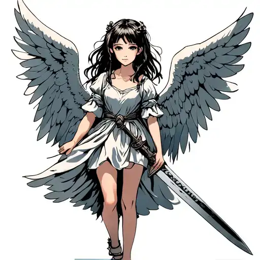 Small Girl With Large Angel Wings In A Short Nightgown Carrying A Heavy Sword