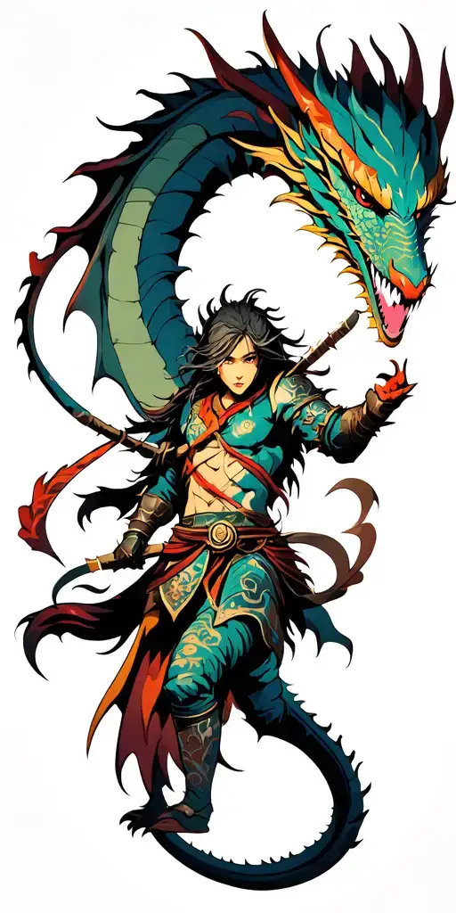 Warrior Battling A Dragon Tattoo Design Featuring