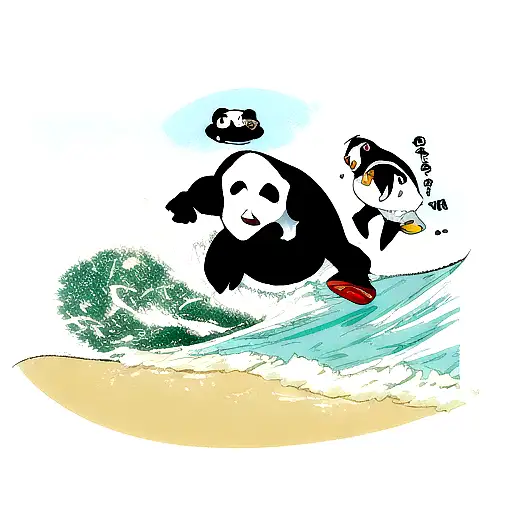 A Panda And A Penguin Surfing A Wave Together On Two Different Surfboards
