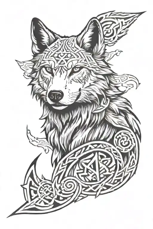 Wolf Face Facing Forward With A Norse Rune On The Forehead