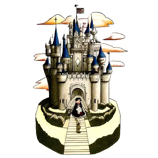 Guts From Berserk And Child Of Light's Princess Aurora Traveling Towards A Castle With A Little Boy