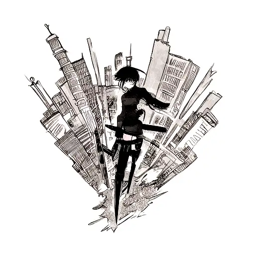 A Fierce Anime Character Wielding A Magical Sword In A Post-apocalyptic Cityscape