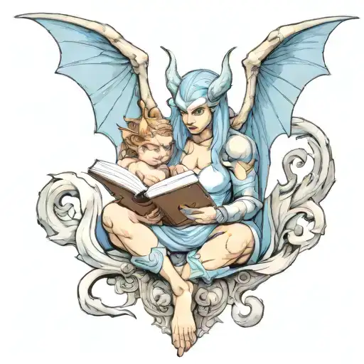 Female Gargoyle Warrior Reading With Her Baby