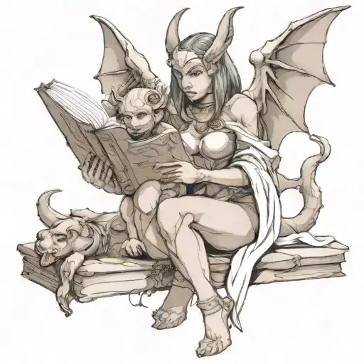 Female Gargoyle Warrior Reading With Her Baby