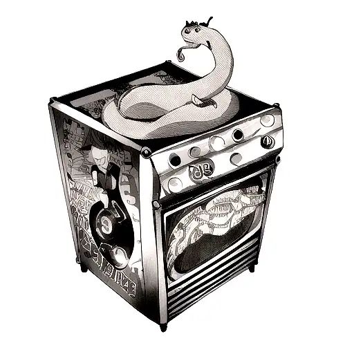 A Black And Grey Tattoo Of A 1950'S Jukebox With A Snake Slithering Out Of It