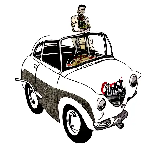 Tattoo Of A 1950'S Car With An Italian Chef Holding A Pizza