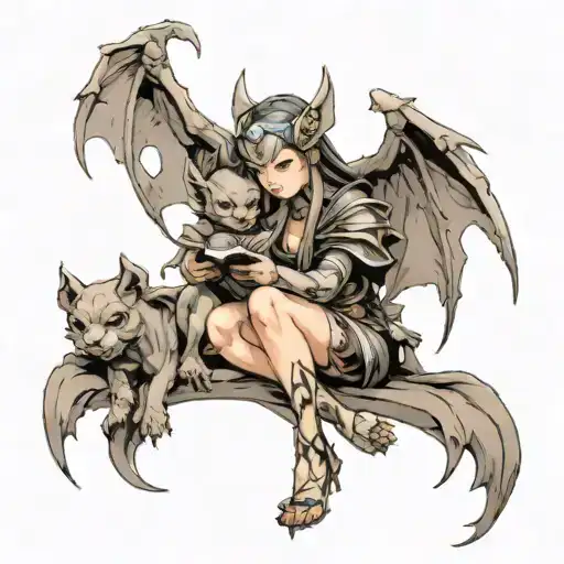 Female Gargoyle Warrior Reading With Her Baby