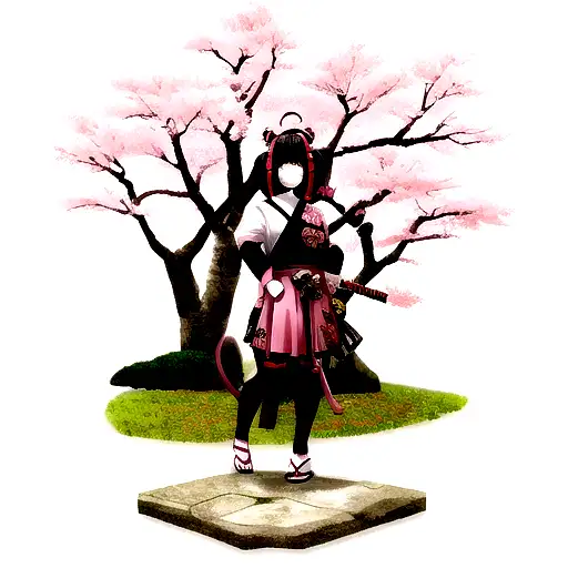 Girl With Oni Mask And Katana Surrounded By Sakura Trees