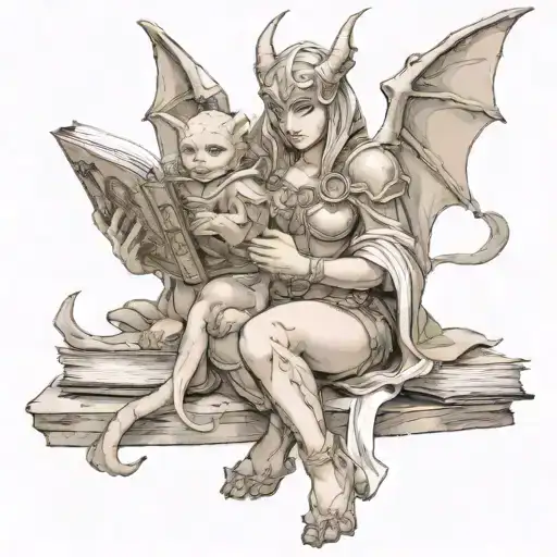 Female Gargoyle Warrior Reading With Her Baby