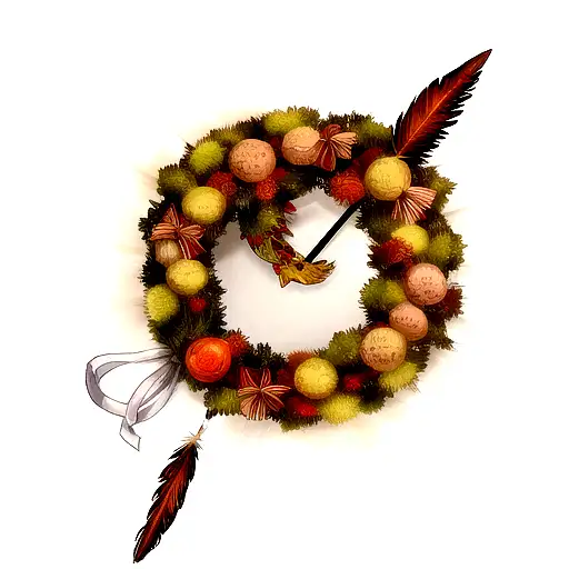 Feather Quill That Turns To Flames With Wreath Of Leaves Behind