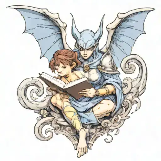 Female Gargoyle Warrior Reading With Her Baby