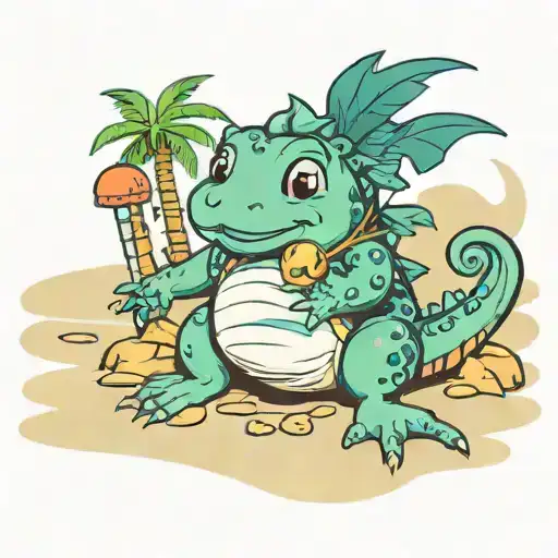 Cartoon Hamster And Cartoon Bullfrog And Cartoon Lochness Monster On A Tropical Beach