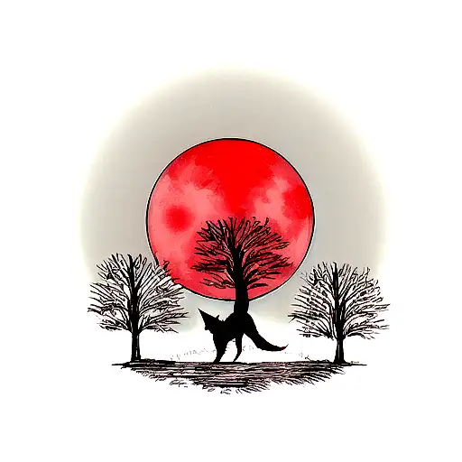 Wolf Howling Under A Tree Infront Of A Red Moon