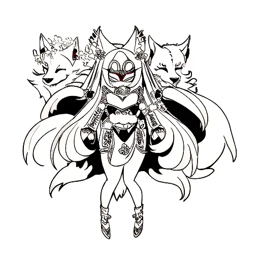 Full Sleeve With A Wolf And Diamonds And Daisies And Oni Mask Color