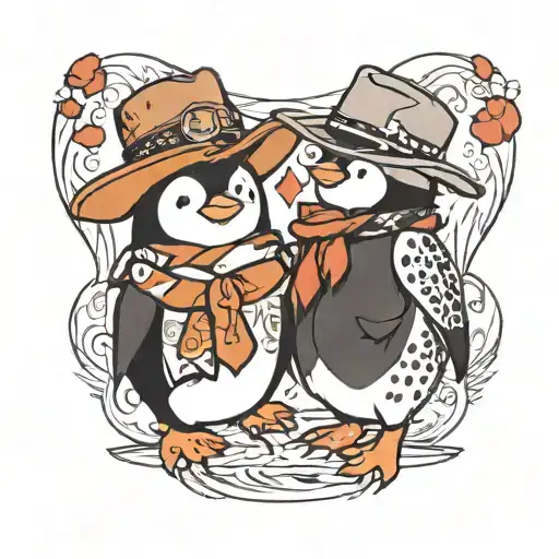Boy And Girl Penguin Holding Hands Waring Cowboy Hats