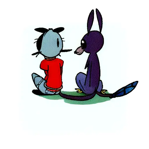 The Disney Character Stitch Sitting Looking At A Dragonfly Perched On His Nose