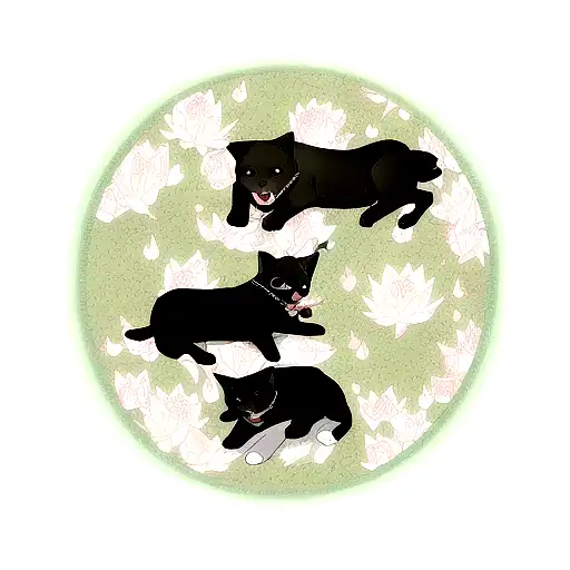 Labrador Retriever And Cat With Lotus Flowers