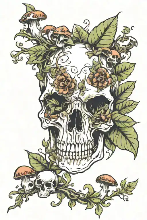 Animal Skull With Leaves And Mushrooms Growing