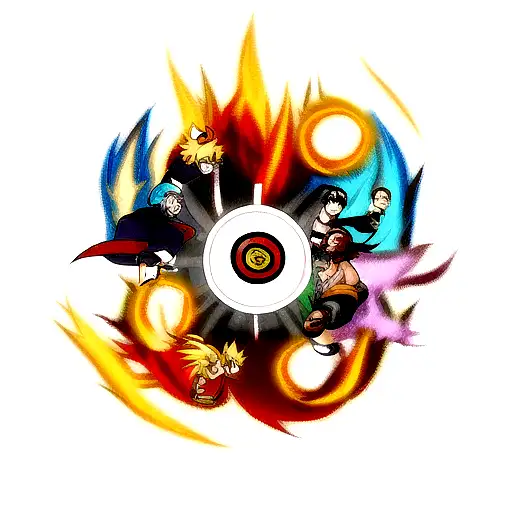 A Fusion Tattoo Of Naruto And Dragon Ball Characters In A Battle Scene