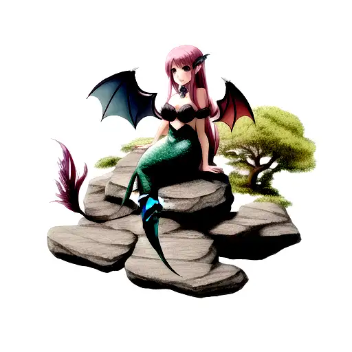 Mermaid With Dragon Wings Sitting On A Rock