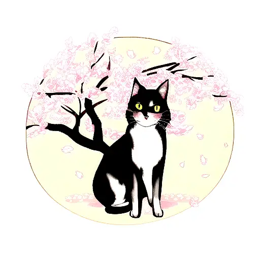 Tattoo Of A Cat Surrounded By Cherry Blossoms