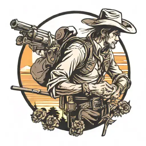 Cowboy Looking Over Sunset Scene