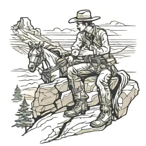 Cowboy Looking Over Sunset On Mountain
