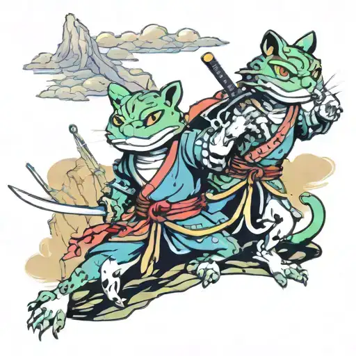 Samurai Frog And Samurai Cat Fighting In Castle Overlooking Mountains