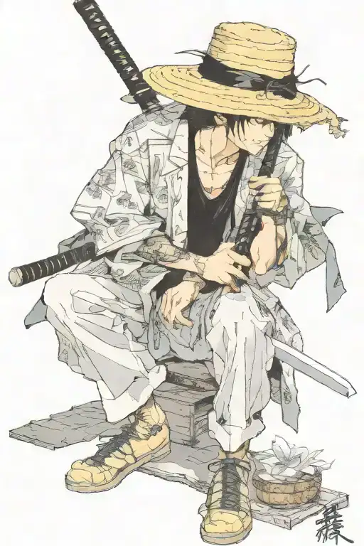 Vagabond Thinking Mitamoto Muashi With Tanjiro Katana Sword With A Straw Hat