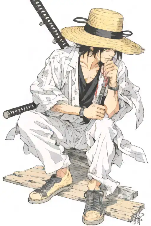 Vagabond Thinking Mitamoto Muashi With Tanjiro Katana Sword With A Straw Hat And Three Swords