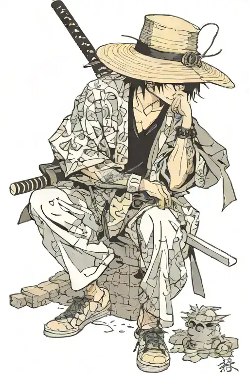 Vagabond Thinking Mitamoto Muashi With Tanjiro Katana Sword With A Straw Hat