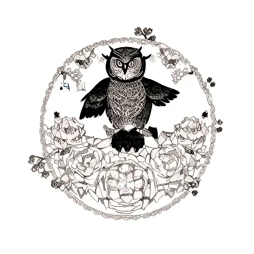 A Blackwork Tattoo Of A Majestic Owl Surrounded By Blooming Flowers And Musical Notes