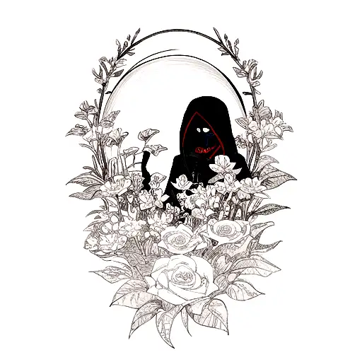 A Portrait Grim Reaper With Scythe Behind Him And A Flower In His Hand