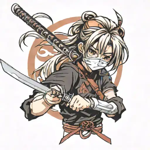 A Girl In A Mask And A Black Shirt With A Katana