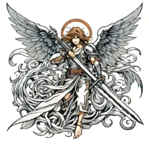 Angel Holding Sword Fighting Demons