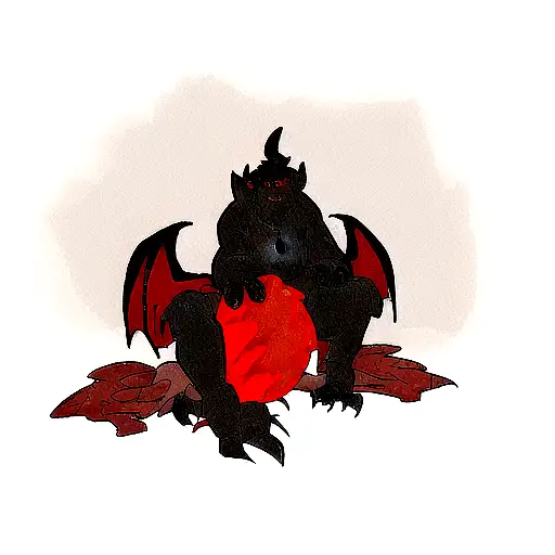Big Black Gargoyle With Red Eyes And Large Wings Sitting On A Dark Fiery Decay Earth