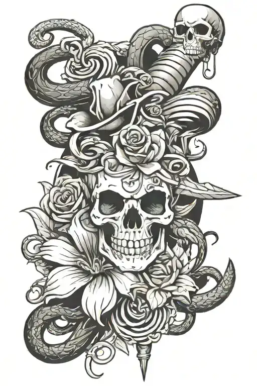 A Feminene Flower With A Skull Which Has A Dagger In The Top And A Snake Twisting Through It
