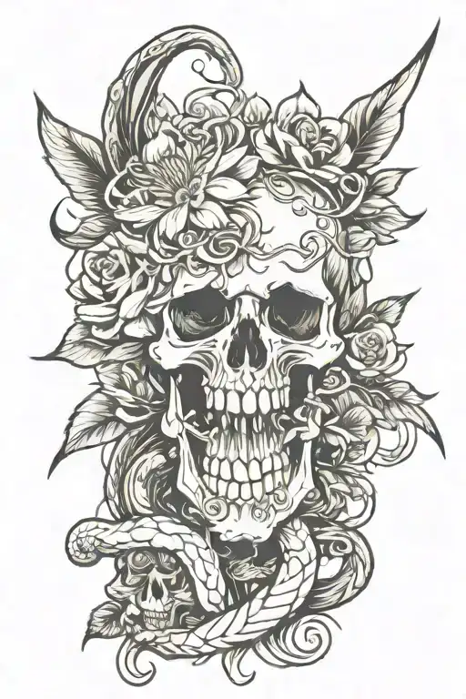Skull With Blade And Snake And Flower