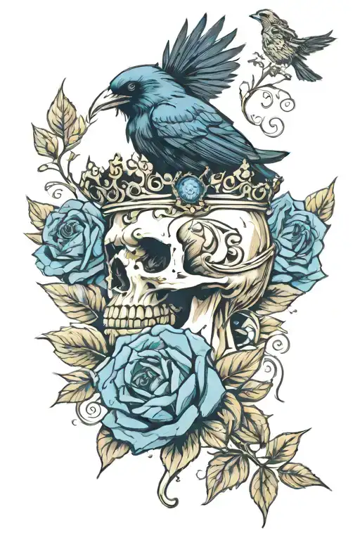 Raven Wearing Crown With Blue Rose And Skull