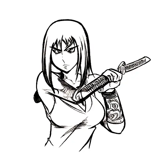 A Girl In Tattoos With A Katana
