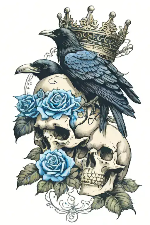 Raven Wearing Crown With Blue Rose And Skull