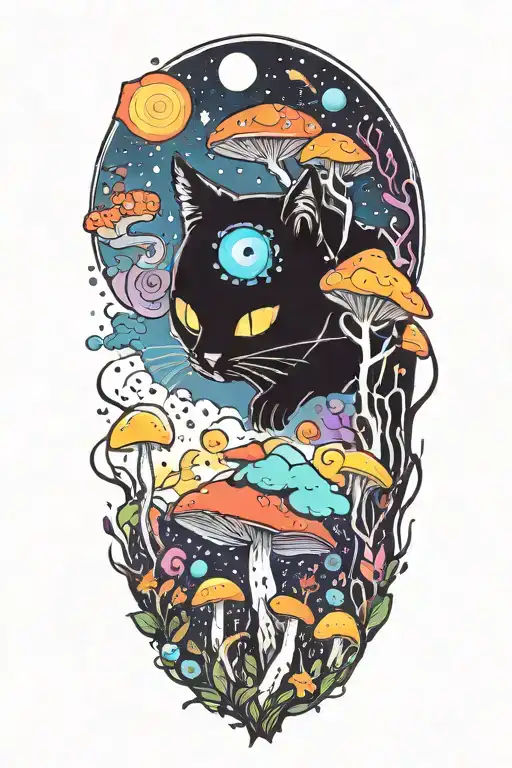 Black Cat With 3 Eye Balls And Trippy Colorful Mushrooms With Moon Melting