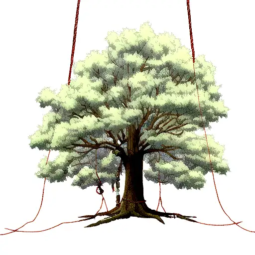 A Majestic Tree Intertwined With Climbing Ropes And Carabiners