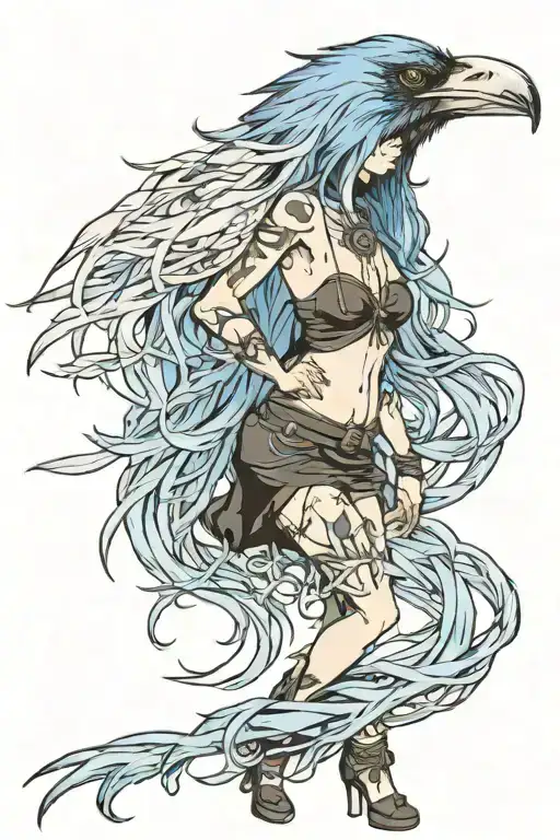 Long Blue Hair Raven Girl Transforming Into Large Raven